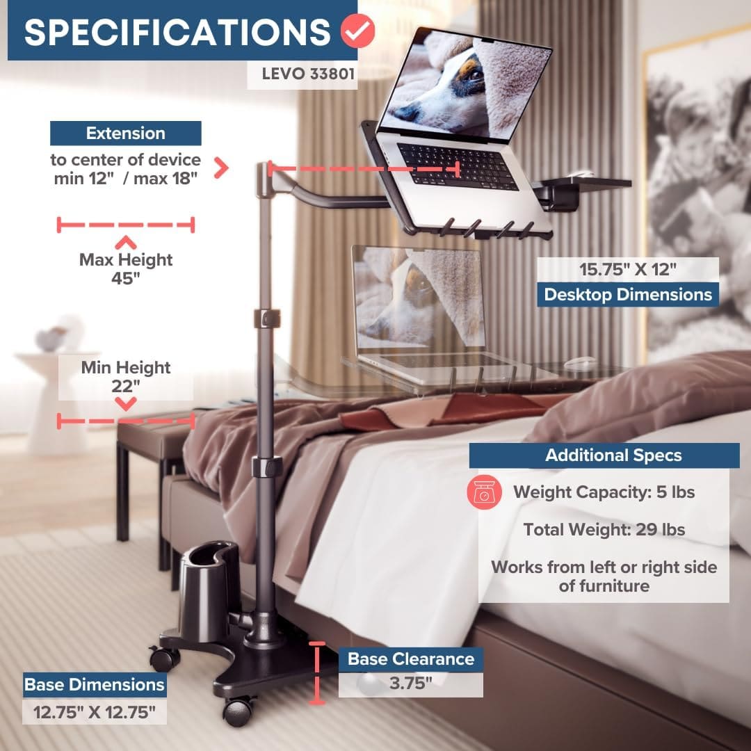 Sit-to-stand mobile workstation for bed, sofa, or office