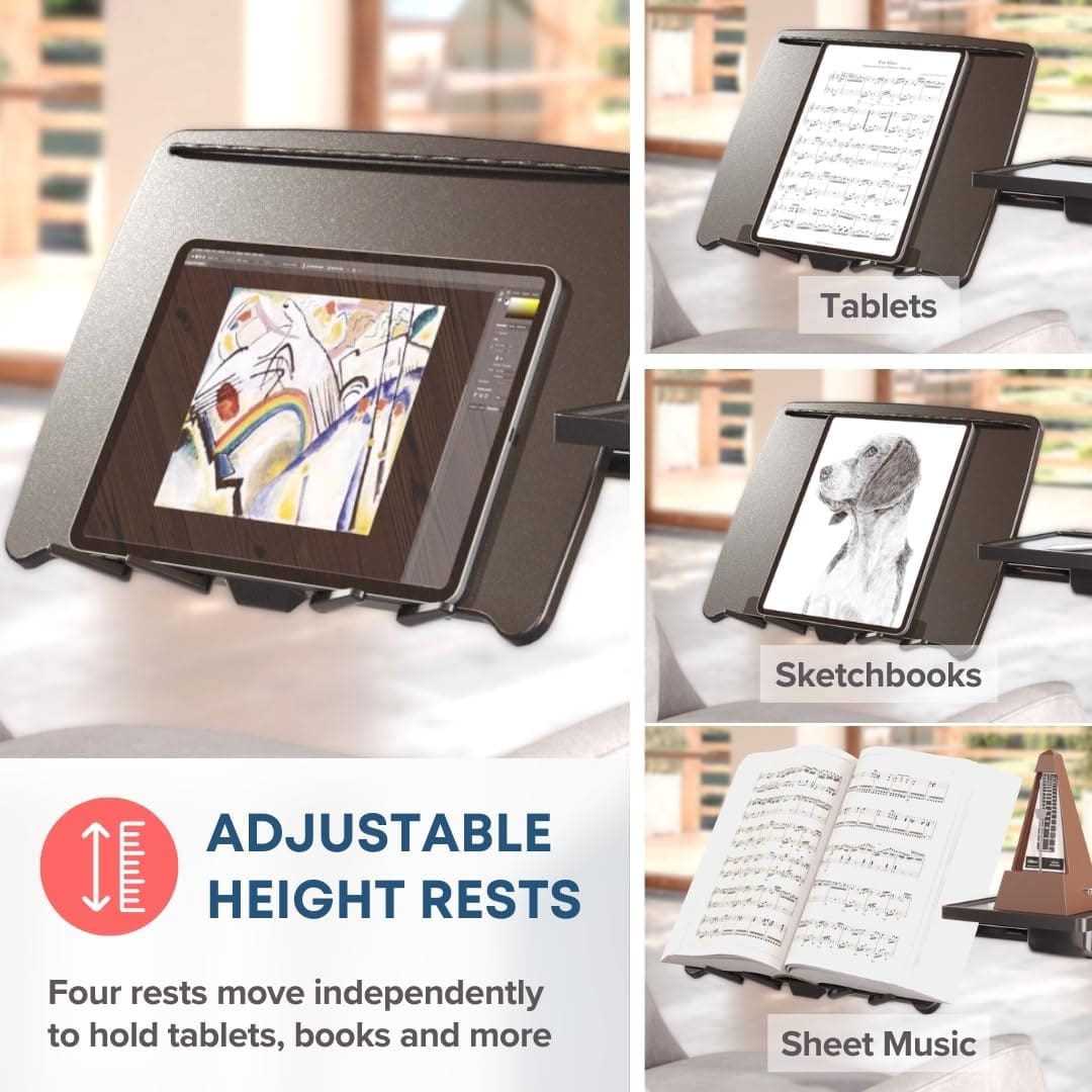 Portable adjustable laptop stand holding a notebook and tablet