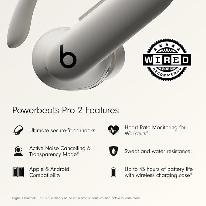 Detailed view of the flexible nickel titanium earhook on Powerbeats Pro 2.