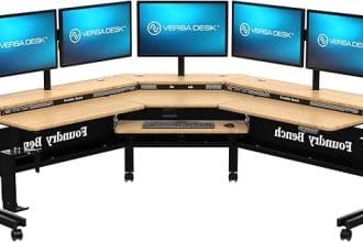 Split-level bamboo L-shaped standing desk with height control system