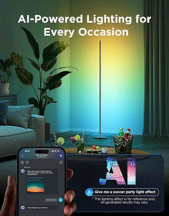 Modern black LED corner lamp placed beside sofa