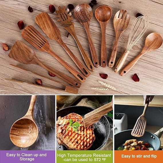 Non-Stick Safe Wooden Spatula and Ladle for Cooking