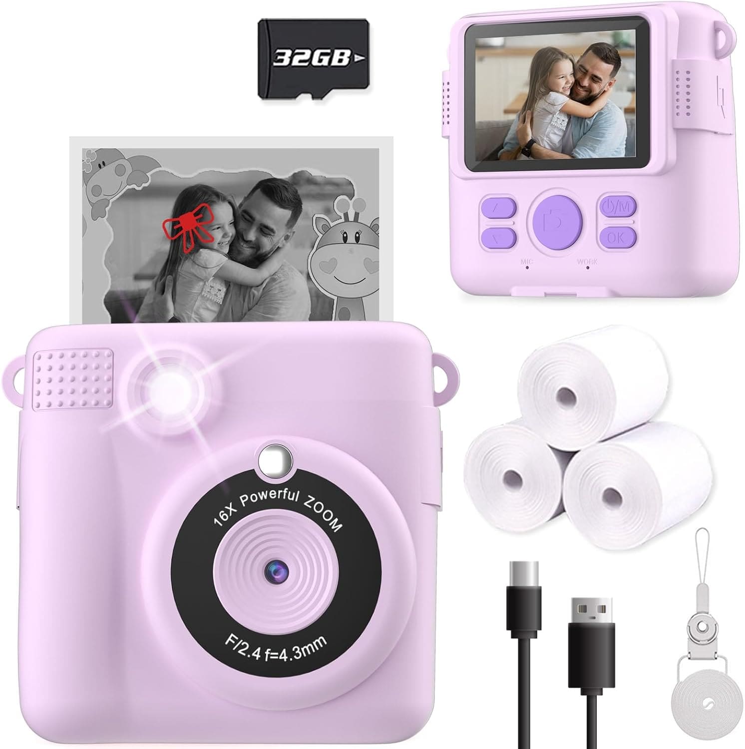 Kids Digital Camera purple front view with instant print