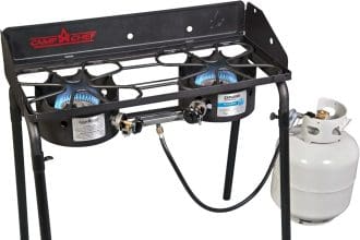 Front view of Camp Chef Explorer 2 Burner Stove with windscreen