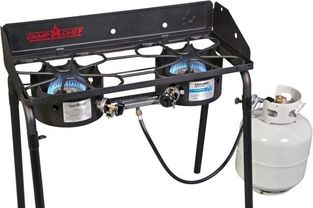 Front view of Camp Chef Explorer 2 Burner Stove with windscreen