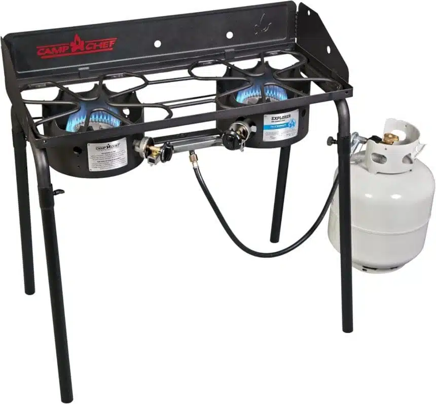 Front view of Camp Chef Explorer 2 Burner Stove with windscreen