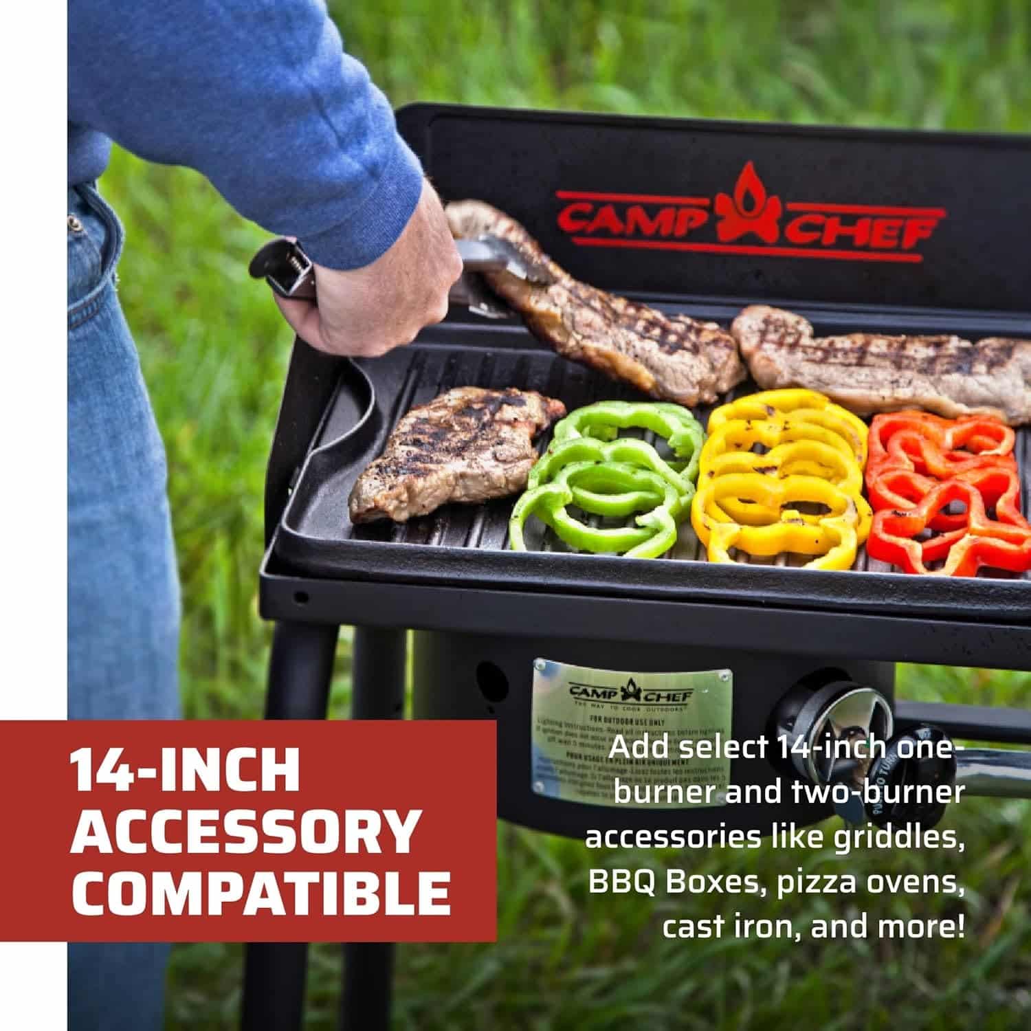 Family camping outdoors using Camp Chef Explorer stove for grilling