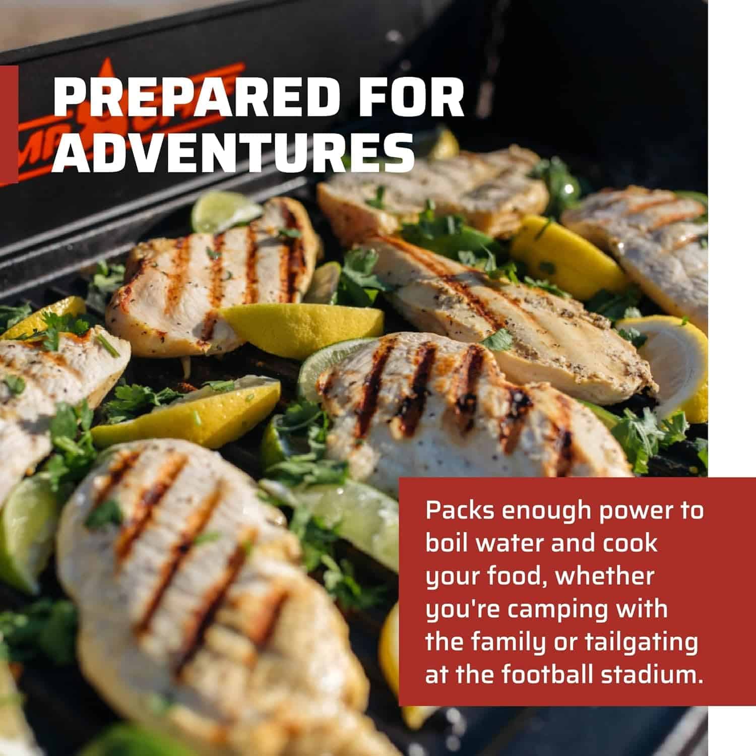 Family camping outdoors using Camp Chef Explorer stove for grilling