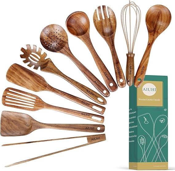 10 Pack Wooden Spoons for Cooking Teak Utensil Set