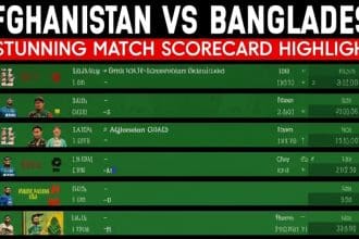 Cricket match scorecard highlights displayed.