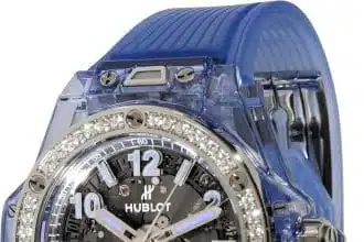 Luxury Sapphire wristwatch front angle close up