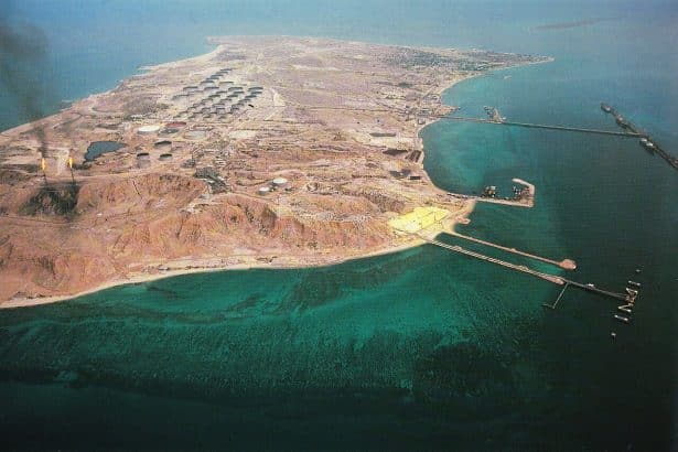 Aerial view of the critical Kharg Island oil terminal